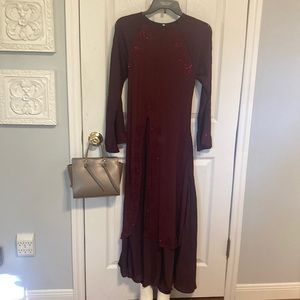 DUBAI GOWN - GORGEOUS SEQUINED MULTI TIERED BURGUNDY DRESS.